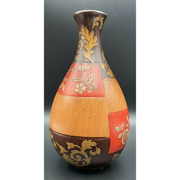 Heritage Mint Ceramic Faux Wood Grain Red Brown Gold Floral Vase 8" 2009 EUC - Picture 2 of 7